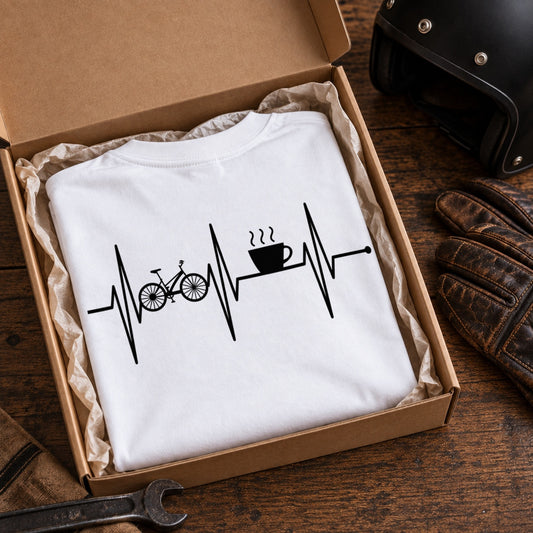 Bike & Coffee 自転車 コーヒーカップ 心電図 長袖Tシャツ バックプリント