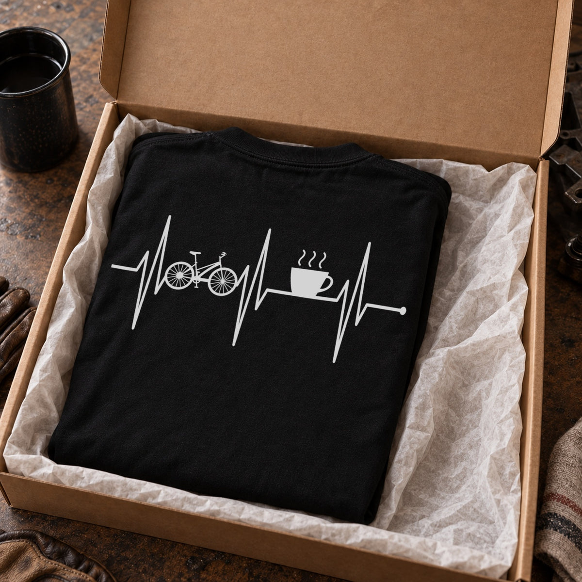 Bike & Coffee 自転車 コーヒーカップ 心電図 長袖Tシャツ バックプリント