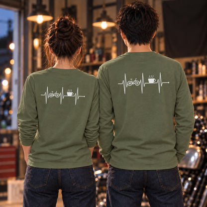 Bike & Coffee 自転車 コーヒーカップ 心電図 長袖Tシャツ バックプリント
